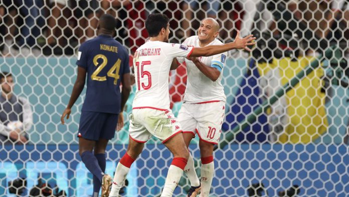 Wahbi Khazri of Tunisia celebrates after scoring their team's first goal during the FIFA World Cup Qatar 2022 Group D match between Tunisia and France at Education City Stadium on November 30, 2022 in Al Rayyan, Qatar. (Photo by Sarah Stier - FIFA/FIFA) Image credit: Getty Images Wahbi Khazri of Tunisia celebrates after scoring their team's first goal during the FIFA World Cup Qatar 2022 Group D match between Tunisia and France at Education City Stadium on November 30, 2022 in Al Rayyan, Qatar. (Photo by Sarah Stier - FIFA/FIFA) Image credit: Getty Images