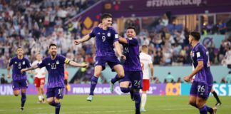 Julian Alvarez of Argentina celebrates with teammates after scoring their team’s second goal during the FIFA World Cup Qatar 2022 Group C match between Poland and Argentina at Stadium 974 on November 30, 2022 in Doha, Qatar. (Photo by Clive Brunskill) Image credit: Getty Images