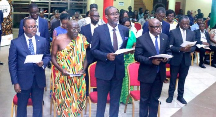 The newly elected fellows of the Ghana Academy of Arts and Sciences (GAAS) reading the declaration act. PICTURE: MAXWELL OCLOO The newly elected fellows of the Ghana Academy of Arts and Sciences (GAAS) reading the declaration act. PICTURE: MAXWELL OCLOO
