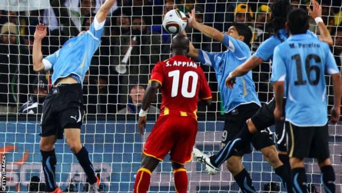 Luis Suarez was shown a straight red card for this handball against Ghana that saved a certain goal in the 2010 World Cup quarter-finals Luis Suarez was shown a straight red card for this handball against Ghana that saved a certain goal in the 2010 World Cup quarter-finals