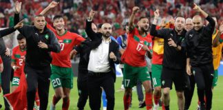 Walid Regragui leads the celebrations after Morocco became the first African team to reach a World Cup semi-final