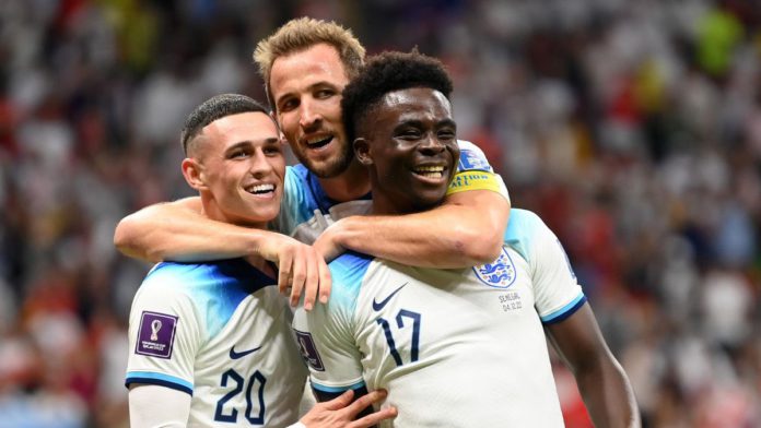 Bukayo Saka of England celebrates after scoring the team's third goal during the FIFA World Cup Qatar 2022 Round of 16 match between England and Senegal at Al Bayt Stadium on December 04, 2022 in Al Khor, Qatar. Image credit: Getty Images Bukayo Saka of England celebrates after scoring the team's third goal during the FIFA World Cup Qatar 2022 Round of 16 match between England and Senegal at Al Bayt Stadium on December 04, 2022 in Al Khor, Qatar. Image credit: Getty Images