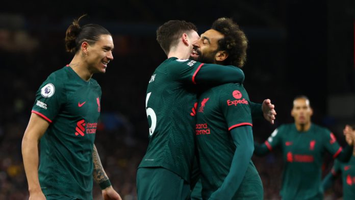 Mohamed Salah of Liverpool celebrates with teammates Darwin Nunez and Andy Robertson after scoring their side's first goal during the Premier League match between Aston Villa and Liverpool FC at Villa Park Image credit: Getty Images Mohamed Salah of Liverpool celebrates with teammates Darwin Nunez and Andy Robertson after scoring their side's first goal during the Premier League match between Aston Villa and Liverpool FC at Villa Park Image credit: Getty Images