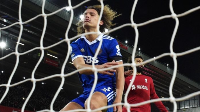 Wout Faes reacts after scoring an own goal during Liverpool v Leicester City, Premier League, Anfield, Liverpool, December 30, 2022 Image credit: Getty Images Wout Faes reacts after scoring an own goal during Liverpool v Leicester City, Premier League, Anfield, Liverpool, December 30, 2022 Image credit: Getty Images