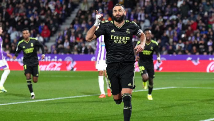Karim Benzema celebrates during Valladolid v Real Madrid, La Liga, Estadio Municipal Jose Zorrilla, Valladolid, Spain, December 30, 2022 Image credit: Getty Images Karim Benzema celebrates during Valladolid v Real Madrid, La Liga, Estadio Municipal Jose Zorrilla, Valladolid, Spain, December 30, 2022 Image credit: Getty Images