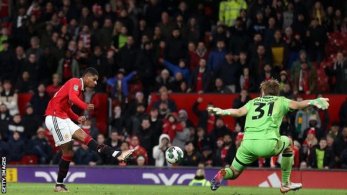 Marcus Rashford scored two goals in four minutes late on to wrap up the win Marcus Rashford scored two goals in four minutes late on to wrap up the win