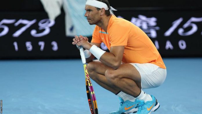 Rafael Nadal visibly struggled after appearing to hurt his hip late in the second set Rafael Nadal visibly struggled after appearing to hurt his hip late in the second set