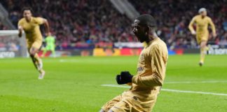 Ousmane Dembele of FC Barcelona celebrates after scoring the team's first goal during the LaLiga Santander match between Atletico de Madrid and FC Barcelona at Civitas Metropolitano Image credit: Getty Images