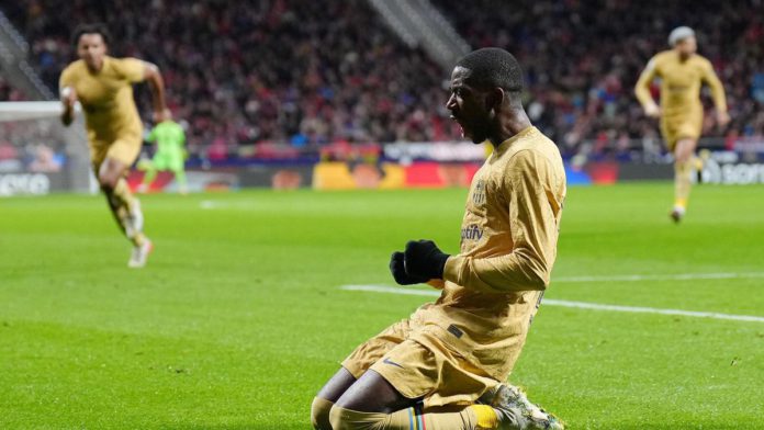 Ousmane Dembele of FC Barcelona celebrates after scoring the team's first goal during the LaLiga Santander match between Atletico de Madrid and FC Barcelona at Civitas Metropolitano Image credit: Getty Images Ousmane Dembele of FC Barcelona celebrates after scoring the team's first goal during the LaLiga Santander match between Atletico de Madrid and FC Barcelona at Civitas Metropolitano Image credit: Getty Images