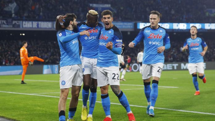 Victor Osimhen of SSC Napoli celebrates after scoring his team's first goal with team mates during the Serie A match between SSC Napoli_Juventus at Stadio Diego Armando Maradona on January 13, 2023 in Naples, Italy. (Photo by Matteo Ciambelli/DeFodi Image Image credit: Getty Images Victor Osimhen of SSC Napoli celebrates after scoring his team's first goal with team mates during the Serie A match between SSC Napoli_Juventus at Stadio Diego Armando Maradona on January 13, 2023 in Naples, Italy. (Photo by Matteo Ciambelli/DeFodi Image Image credit: Getty Images