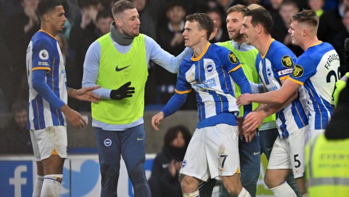 Brighton's English midfielder Solly March (C) celebrates with teammates after scoring their second goal during the English Premier League football match between Brighton and Hove Albion and Liverpool at the American Express Community Stadium in Brighton Image credit: Getty Images Brighton's English midfielder Solly March (C) celebrates with teammates after scoring their second goal during the English Premier League football match between Brighton and Hove Albion and Liverpool at the American Express Community Stadium in Brighton Image credit: Getty Images