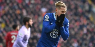 Mykhailo Mudryk of Chelsea reacts after a missed chance during the Premier League match between Liverpool FC and Chelsea FC at Anfield on January 21, 2023 in Liverpool, England. Image credit: Getty Images