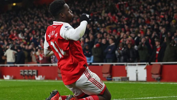 Arsenal's English striker Eddie Nketiah celebrates after scoring their third goal during the English Premier League football match between Arsenal and Manchester United at the Emirates Stadium Image credit: Getty Images Arsenal's English striker Eddie Nketiah celebrates after scoring their third goal during the English Premier League football match between Arsenal and Manchester United at the Emirates Stadium Image credit: Getty Images