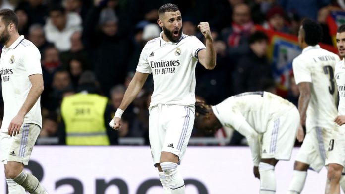 Karim Benzema celebrates during the Copa del Rey (King's Cup), quarter-final match between Real Madrid and Atletico de Madrid at the Santiago Bernabeu stadium in Madrid on January 26, 2023 Image credit: Getty Images Karim Benzema celebrates during the Copa del Rey (King's Cup), quarter-final match between Real Madrid and Atletico de Madrid at the Santiago Bernabeu stadium in Madrid on January 26, 2023 Image credit: Getty Images
