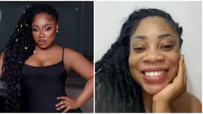 A side-by-side photo collage of Moesha Boduong with makeup and without it. Photo Source: @moeshaboduong A side-by-side photo collage of Moesha Boduong with makeup and without it. Photo Source: @moeshaboduong