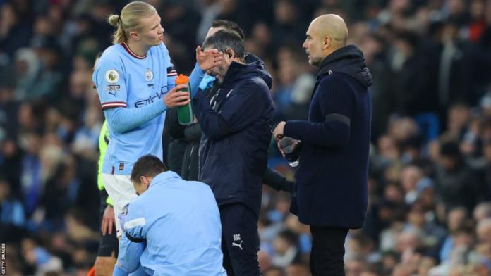 Erling Haaland (left) was taken off at half-time against Aston Villa and is a doubt for Wednesday's key game against Arsenal Erling Haaland (left) was taken off at half-time against Aston Villa and is a doubt for Wednesday's key game against Arsenal
