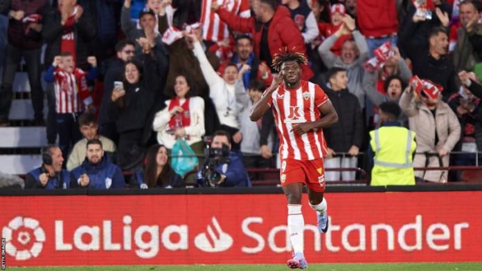 Almeria's win takes them to 25 points, two points above the bottom three Almeria's win takes them to 25 points, two points above the bottom three