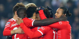 Kingsley Coman of Bayern Munich celebrates scoring their 1st goal eith team mates during the UEFA Champions League round of 16 leg one match between Paris Saint-Germain and FC Bayern Munchen at Parc des Princes on February 14, 2023 in Paris, France. Image credit: Getty Images