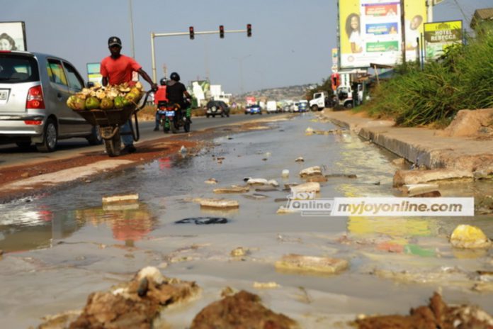 An overflow of toxic waste water on a portion of Mallam Junction Kasoa road at SCC Junction An overflow of toxic waste water on a portion of Mallam Junction Kasoa road at SCC Junction