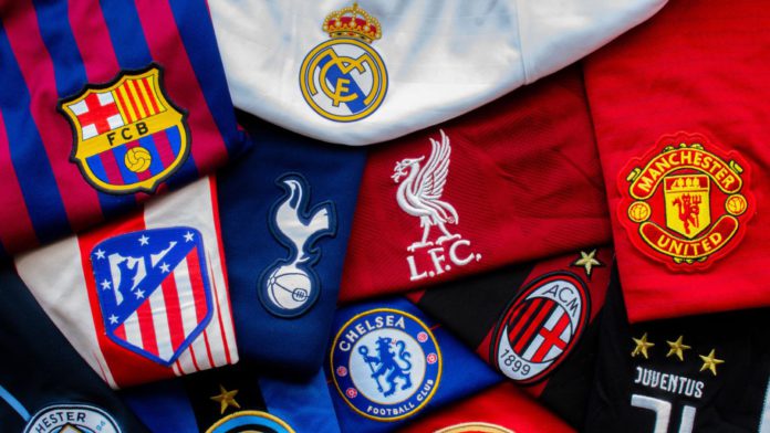Barcelona, Catalonia, Spain. April 19, 2021. Horizontal view of The Super League or European Super League teams jerseys. annual club football competit
