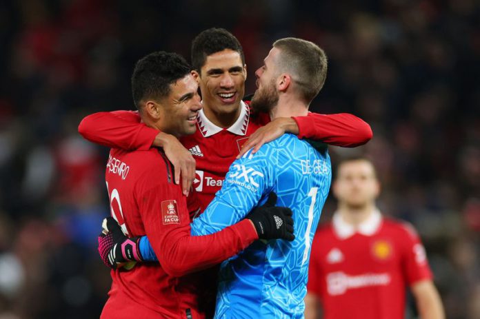 Manchester United players celebrate progression to the quarter-finals of the FA Cup (Image: Marc Atkins/Getty Images) Manchester United players celebrate progression to the quarter-finals of the FA Cup (Image: Marc Atkins/Getty Images)
