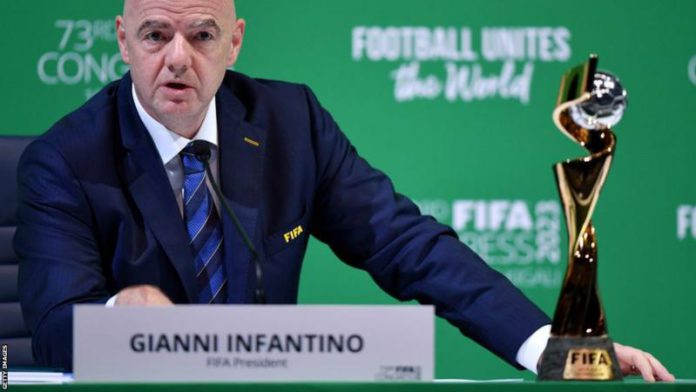 Gianni Infantino was speaking at the Fifa congress in Kigali, Rwanda, where he was re-elected as president Gianni Infantino was speaking at the Fifa congress in Kigali, Rwanda, where he was re-elected as president