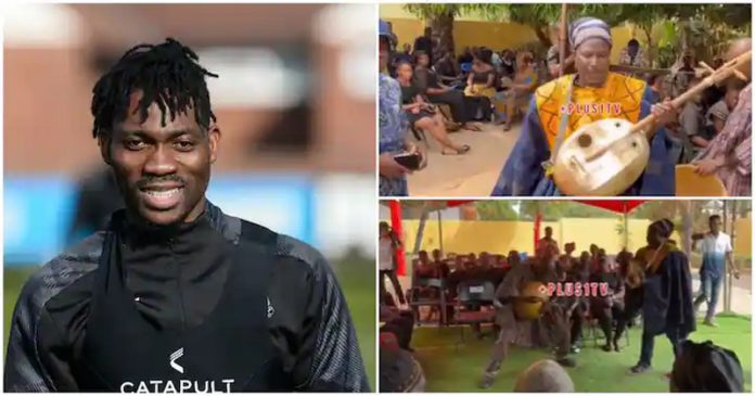 King Ayisoba at Christian Atsu's family home. Photo Source: Getty Images and @plus1tv King Ayisoba at Christian Atsu's family home. Photo Source: Getty Images and @plus1tv