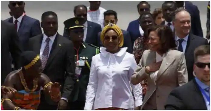 Shirley Ayorkor Botchwey in a white shirt, and Vice President Kamala Harris stuns in corporate wear. Source: @apnews Shirley Ayorkor Botchwey in a white shirt, and Vice President Kamala Harris stuns in corporate wear. Source: @apnews