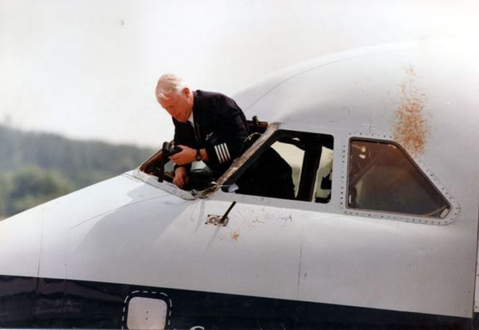 The front of the plane was damaged and covered in blood after Tim's face repeatedly hit the structure ( Image: Murray Sanders/Daily Mail/REX/Shutterstock) The front of the plane was damaged and covered in blood after Tim's face repeatedly hit the structure ( Image: Murray Sanders/Daily Mail/REX/Shutterstock)