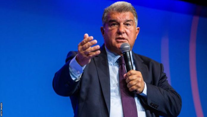 Joan Laporta was re-elected as Barcelona's president in 2021 Joan Laporta was re-elected as Barcelona's president in 2021