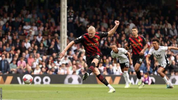 Only Ruud van Nistelrooy in 2002-03 (for Manchester United) has a better 100% record for penalties in a Premier League season (eight out of eight) than Haaland in 2022-23, who has scored all seven he has taken Only Ruud van Nistelrooy in 2002-03 (for Manchester United) has a better 100% record for penalties in a Premier League season (eight out of eight) than Haaland in 2022-23, who has scored all seven he has taken
