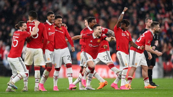 Manchester United players celebrates after the team's victory in the penalty shoot out during the Emirates FA Cup Semi Final match between Brighton & Hove Albion and Manchester United at Wembley Stadium Image credit: Getty Images Manchester United players celebrates after the team's victory in the penalty shoot out during the Emirates FA Cup Semi Final match between Brighton & Hove Albion and Manchester United at Wembley Stadium Image credit: Getty Images