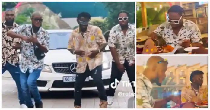 L-R: Mr Drew, King Promise, Kuami Eugene and Medikal's lookalikes at Peduase with their white Benz Image credit: @robestgh L-R: Mr Drew, King Promise, Kuami Eugene and Medikal's lookalikes at Peduase with their white Benz Image credit: @robestgh