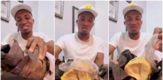 Kofi Kinaata complains about rubber used in preparing Fante kenkey. Image Credit: @kofikinaatagh