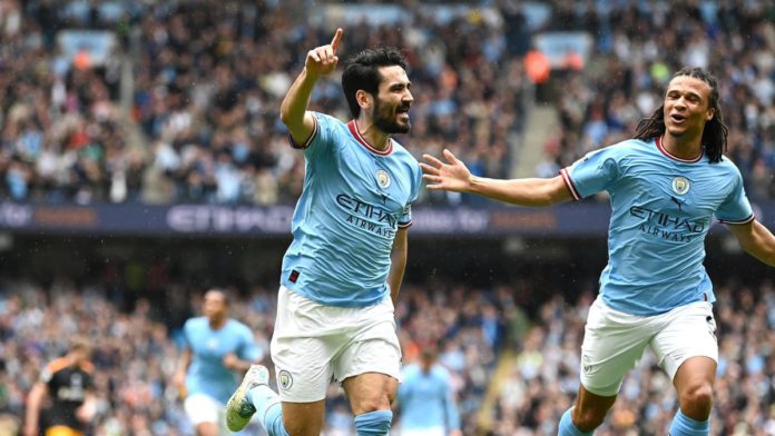 Ilkay Gundogan celebrates during the Premier League match between Manchester City and Leeds United at the Etihad Stadium in Manchester, England, on May 6, 2023. Image credit: Getty Images Ilkay Gundogan celebrates during the Premier League match between Manchester City and Leeds United at the Etihad Stadium in Manchester, England, on May 6, 2023. Image credit: Getty Images