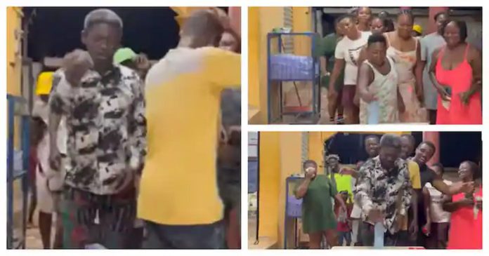 Agya Koo and Wayoosi join other movie crew members in the Flip the Bottle game Image credit: WAYOOSI TV Agya Koo and Wayoosi join other movie crew members in the Flip the Bottle game Image credit: WAYOOSI TV