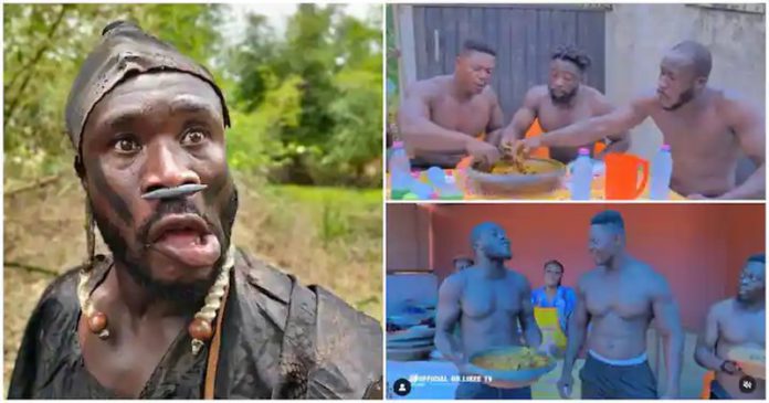 Ras Nene and his friends eat fufu in the video. Image Credit: @official_ras_nene Ras Nene and his friends eat fufu in the video. Image Credit: @official_ras_nene