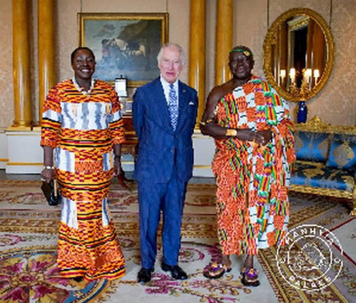 King Charles III sandwiched by Otumfuo and Lady Julia King Charles III sandwiched by Otumfuo and Lady Julia