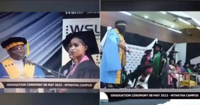 Walter Sisulu University Graduates did not heed a warning about high heels, and some fell. Image:@bucyngubo Walter Sisulu University Graduates did not heed a warning about high heels, and some fell. Image:@bucyngubo