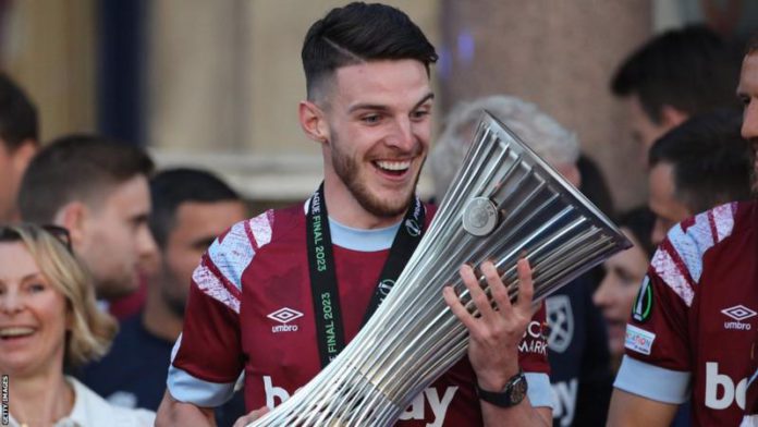 Declan Rice won the Europa Conference League in what looks likely to be his final game for West Ham Declan Rice won the Europa Conference League in what looks likely to be his final game for West Ham
