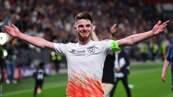 Rice led West Ham to the Europa Conference League title earlier in June Rice led West Ham to the Europa Conference League title earlier in June