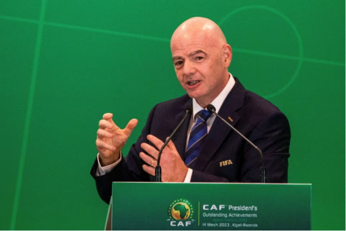 FIFA president Gianni Infantino addresses delegates during the CAF President's Outstanding Achievement Awards, in Kigali, Rwanda March 14, 2023. REUTERS/Jean Bizimana/File Photo FIFA president Gianni Infantino addresses delegates during the CAF President's Outstanding Achievement Awards, in Kigali, Rwanda March 14, 2023. REUTERS/Jean Bizimana/File Photo