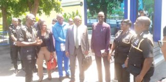 Dr George Akuffo Dampare (arrowed), Inspector General of Police, interacting with Issakka Souna, the head of the delegation, and other members of the ECOWAS Network of Electoral Commissions post-election follow-up mission