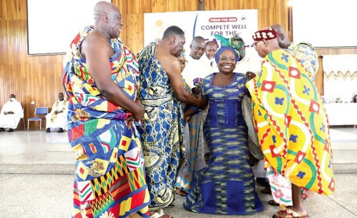 COP Maame Yaa Tiwaa Addo-Danquah (2nd from right) being enstooled as the Ekuo Na of the Holy Family Akankuo at the Accra Archdioces of the Catholic Church. Picture: SAMUEL TEI ADANO COP Maame Yaa Tiwaa Addo-Danquah (2nd from right) being enstooled as the Ekuo Na of the Holy Family Akankuo at the Accra Archdioces of the Catholic Church. Picture: SAMUEL TEI ADANO