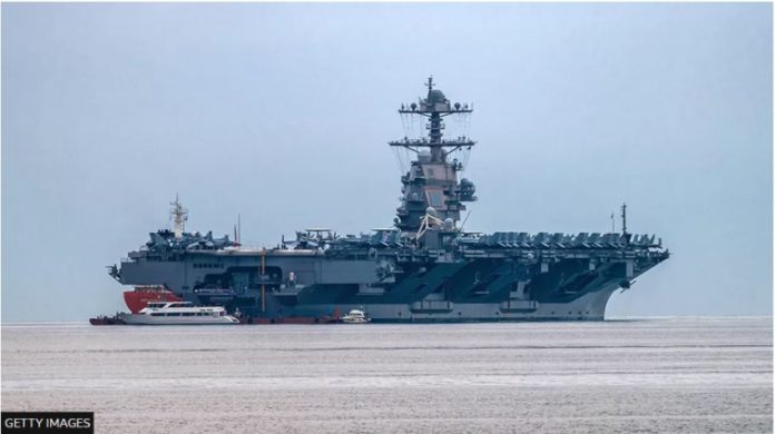 The USS Gerald R Ford aircraft carrier is one of two sent to the eastern Mediterranean (file photo).