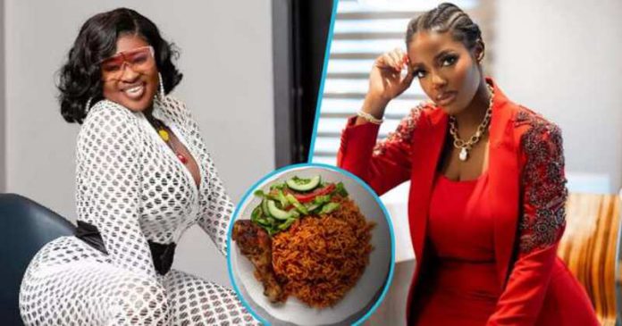Sista Afia descends on Hilda Baci over chef's claim Ghana Jollof lacks flavour. Photo credit: sista.afia/hildabaci/@EvianaGh (X).