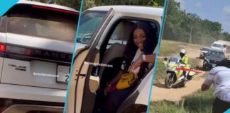 Jackie Appiah flaunts her white Range Rover. Image Credit: @zionfelixdotcom and @nkonkonsa