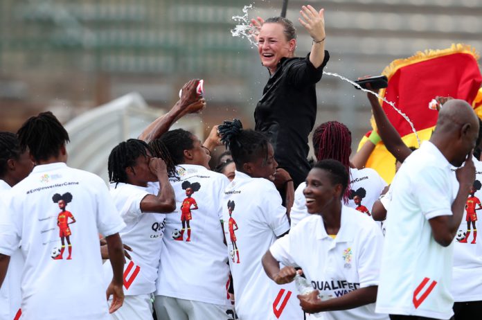 nora-hauptle-coach-of-ghana-celebrates-with-players-during-the-2024-wafcon-qualifier-match-between-namibia-and-ghana-at-the-lucas-moripe-stadium-atteridgeville