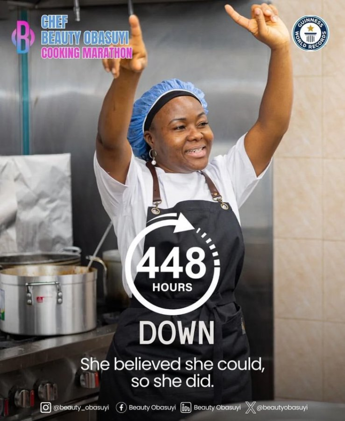 Cook-a-thon: Nigerian chef, Beauty Obasuyi completes attempt in 18 days and 16 hours