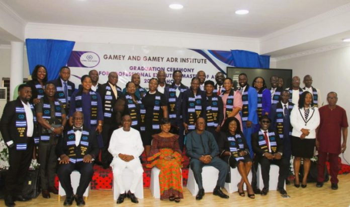 Justice Jennifer Abena Dadzie (third left), Mr Gamey (second left), and Dr Seddoh ( third right) with the graduating students Justice Jennifer Abena Dadzie (third left), Mr Gamey (second left), and Dr Seddoh ( third right) with the graduating students